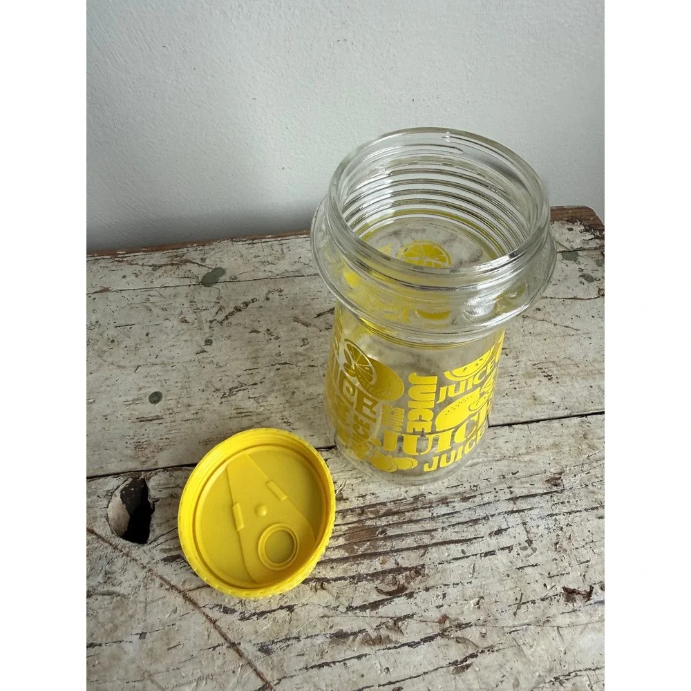 Vintage Glass Juice Carafe Pitcher Yellow Citrus Print Retro Flip Top Lid 8 Inch